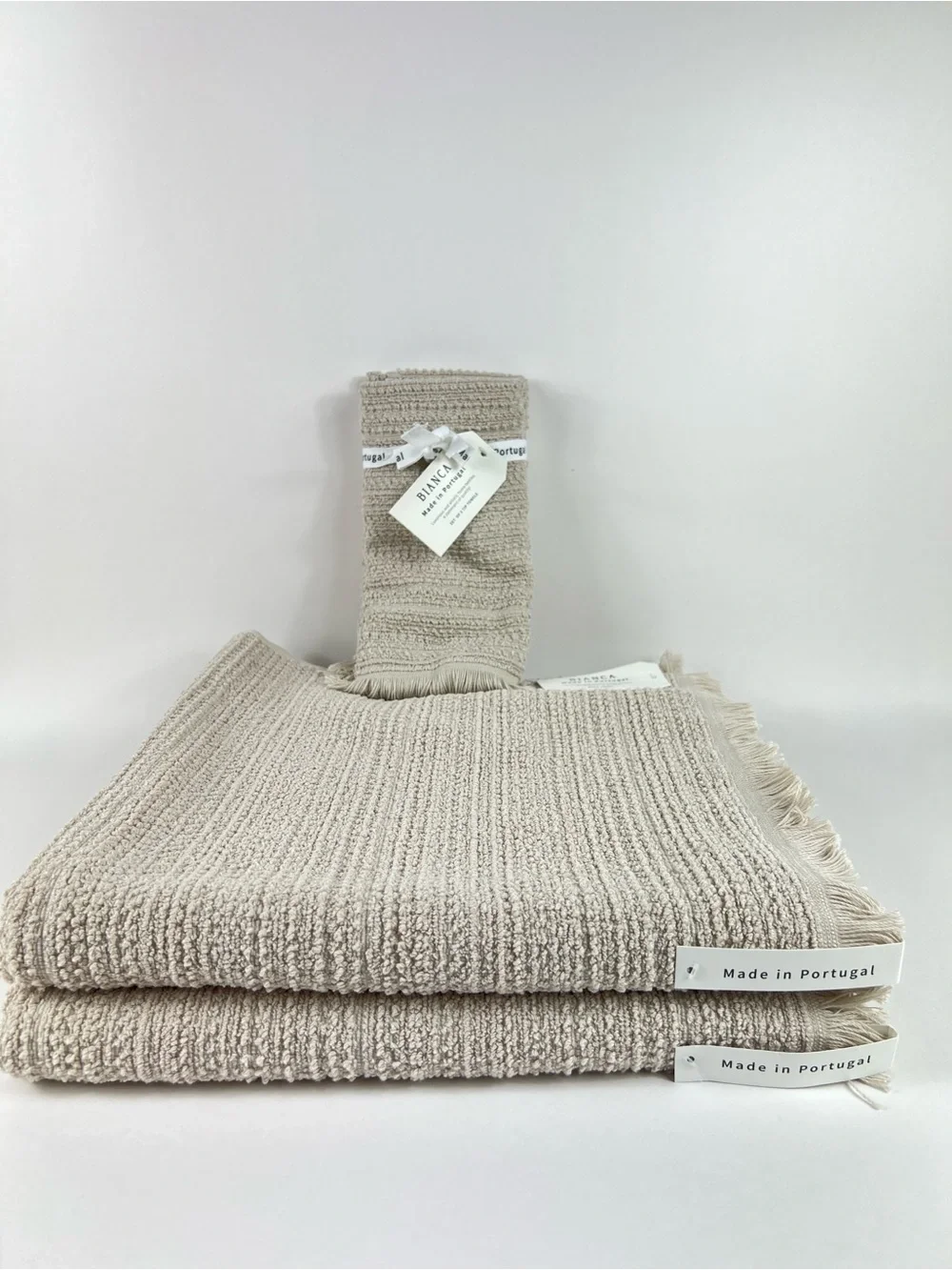 Bianca Bath Towel Set Tan with Fringe Textured Cotton Made in Portugal 4 Pc NEW